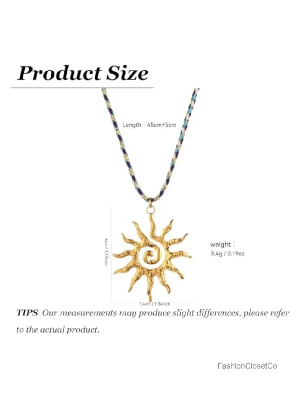Boho Spiral Sun Pendant Necklace with Black Cord, Adjustable